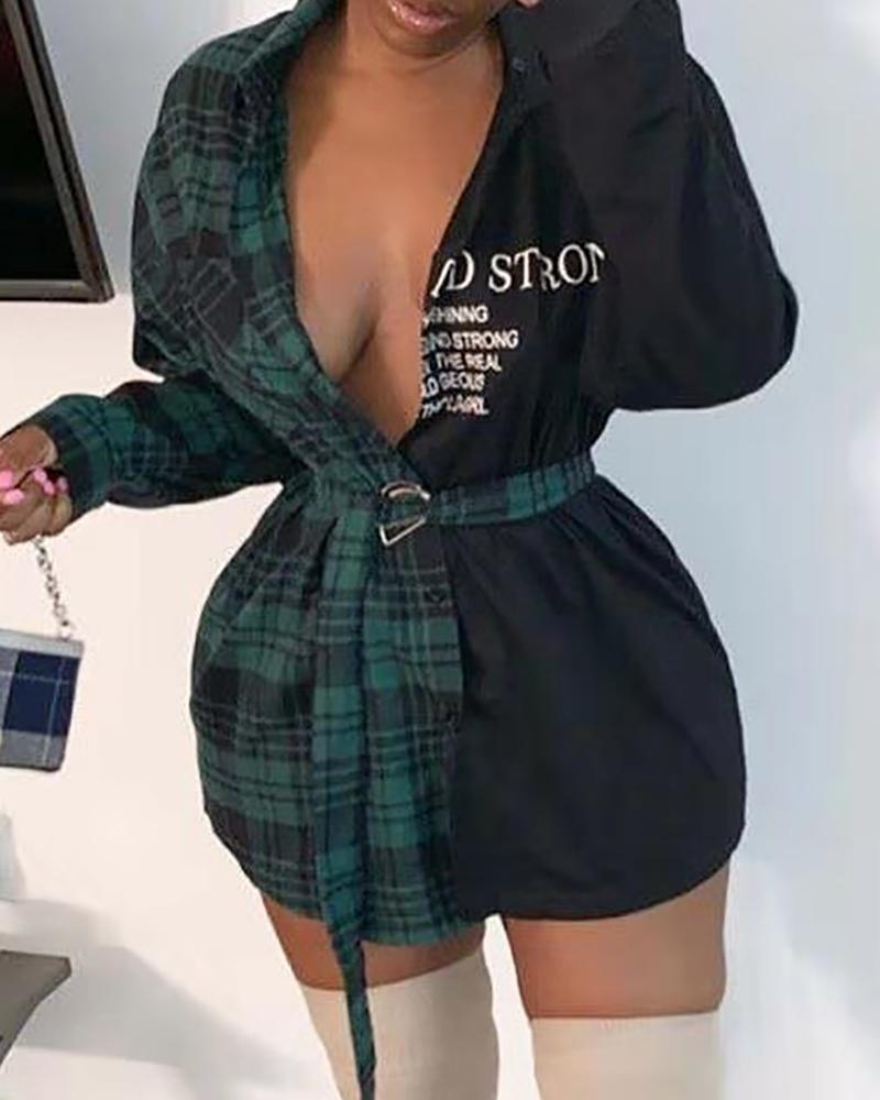 

Plaid Letter Print Colorblock Casual Shirt, Green