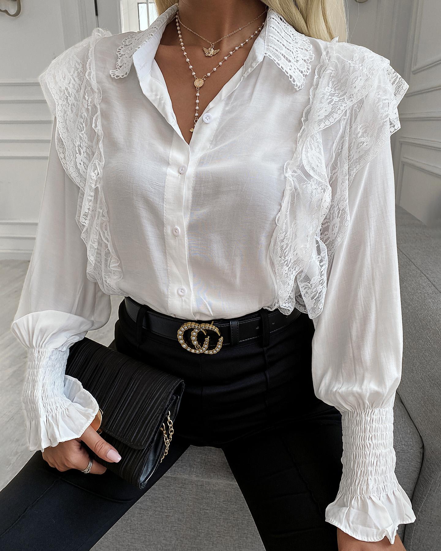 

Crochet Lace Shirring Detail Bell Sleeve Shirt, White