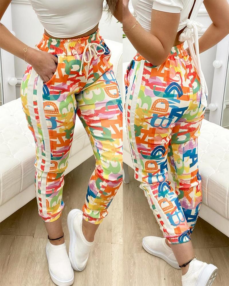 

Colorful Letter Print Drawstring Elastic Waist Pants, Multicolor