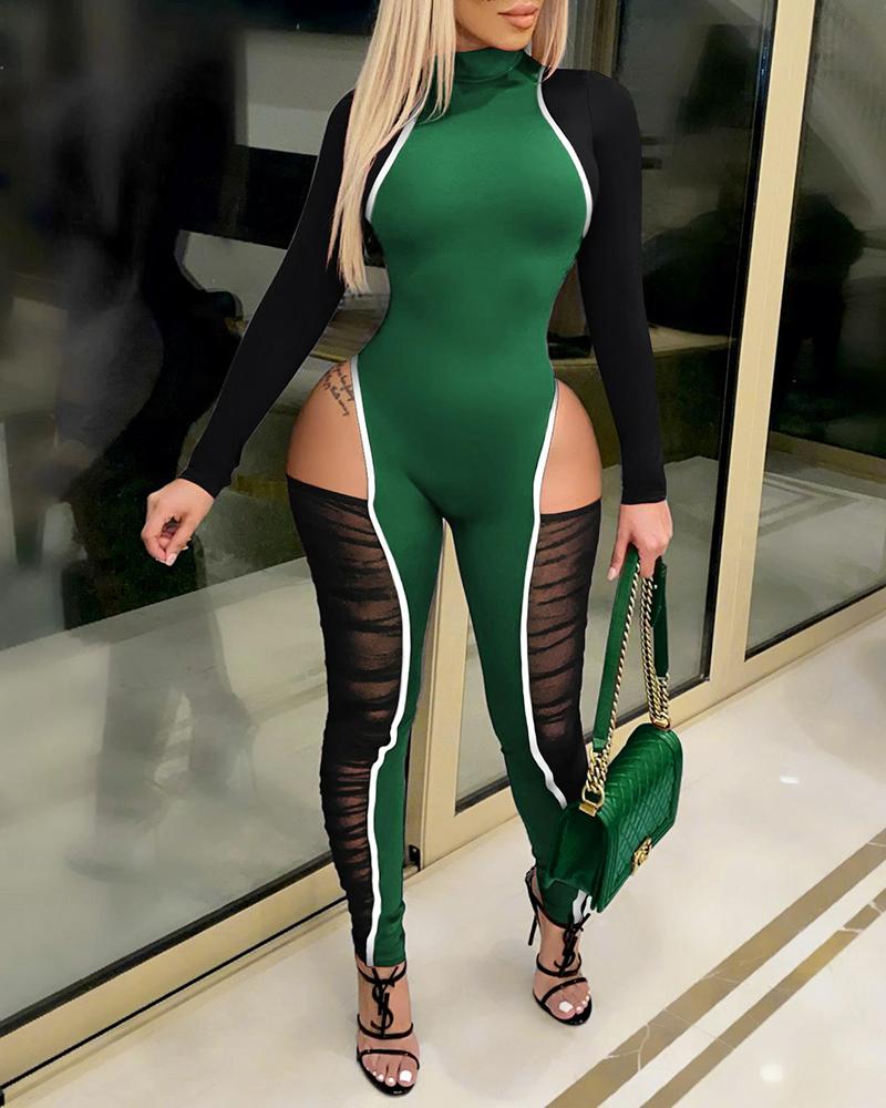 

Colorblock Mesh Patchwork Long Sleeve Skinny Jumpsuit, Green