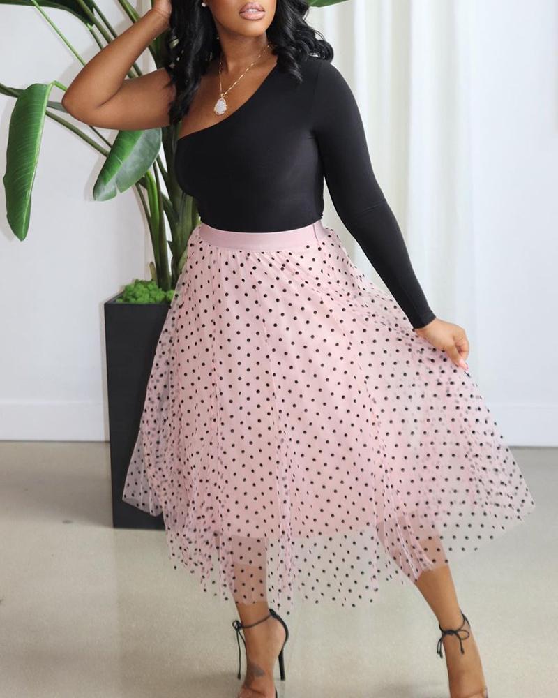 

One Shoulder Plain Top & Polkadot Print Skirt Set, Pink