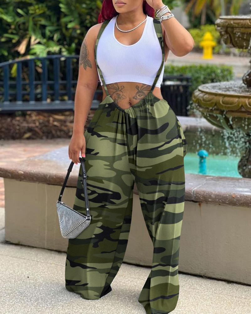

Camouflage Print Wide Leg Suspender Jumpsuit, Camoflage