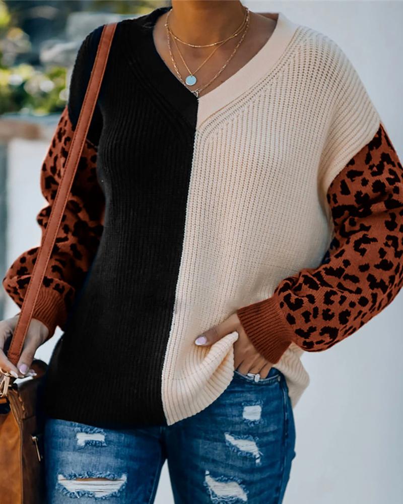 

Cheetah Print Colorblock Long Sleeve Sweater, Apricot