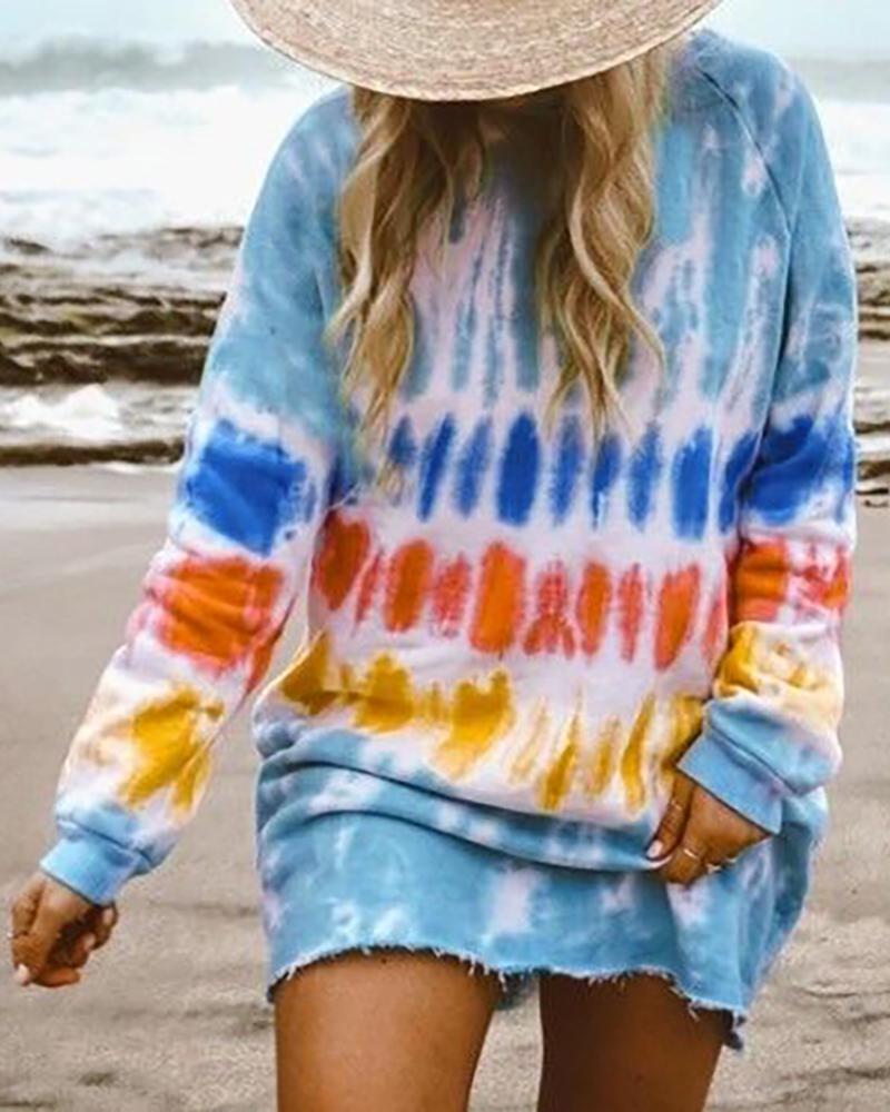 

Tie Dye Print Fringe Hem Casual Dress, Blue