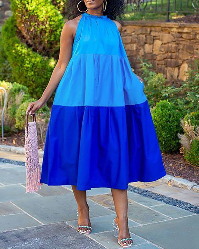 

Colorblock Sleeveless Casual Swing Dress, Dark blue