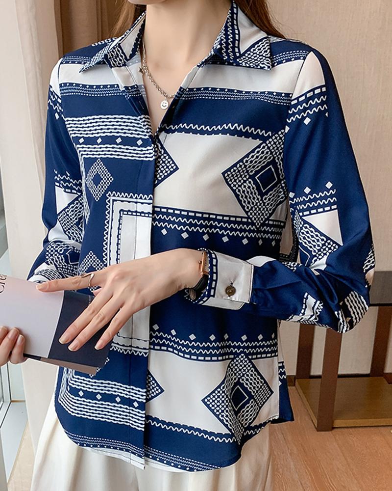 

Geometric Print Long Sleeve Shirt, Blue