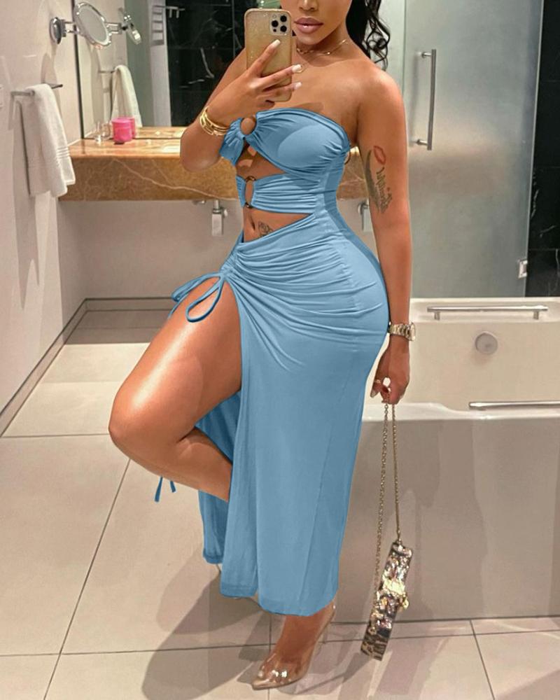 

O-Ring Cutout Drawstring Ruched High Slit Party Dress, Blue