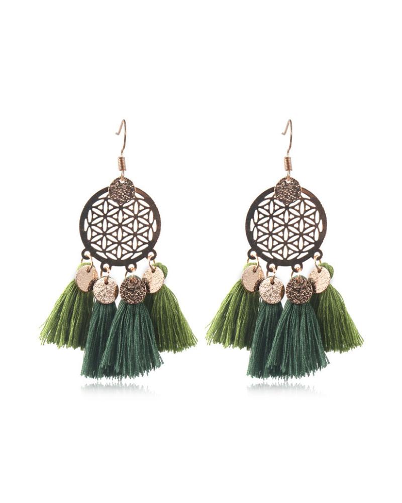 

1Pair Tassel Design Disc Hollow Out Drop Earrings, Green