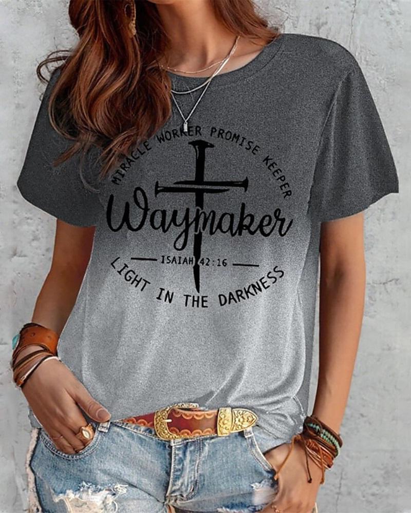 

Ombre Cross Waymakes Light In The Darkness Print Casual T-Shirt, Gray