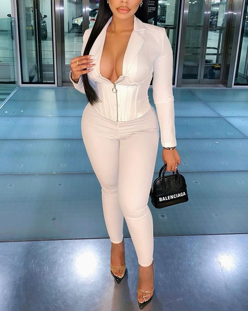 

Long Sleeve Zip Up Corset Blazer & Pants Set, White
