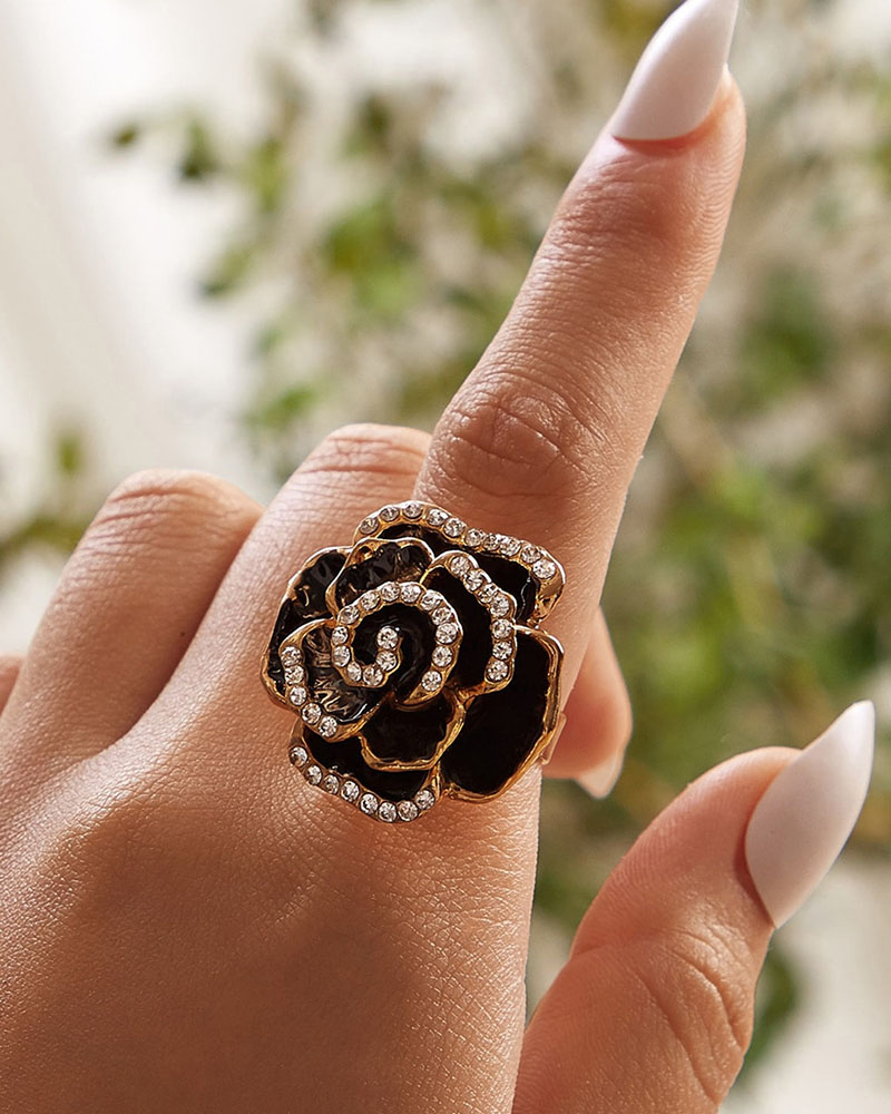 

1pc Rhinestone Decor Floral Shaped Ring, Black