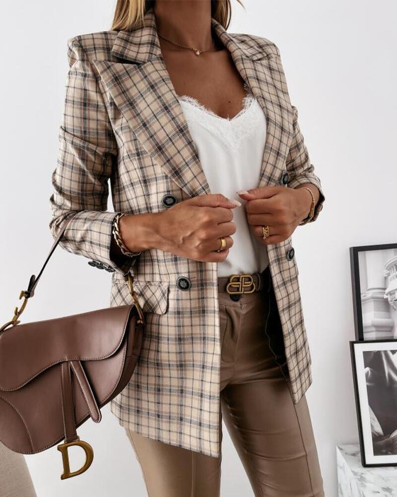 

Plaid Lapel Collar Double Breasted Flap Detail Blazer, Khaki