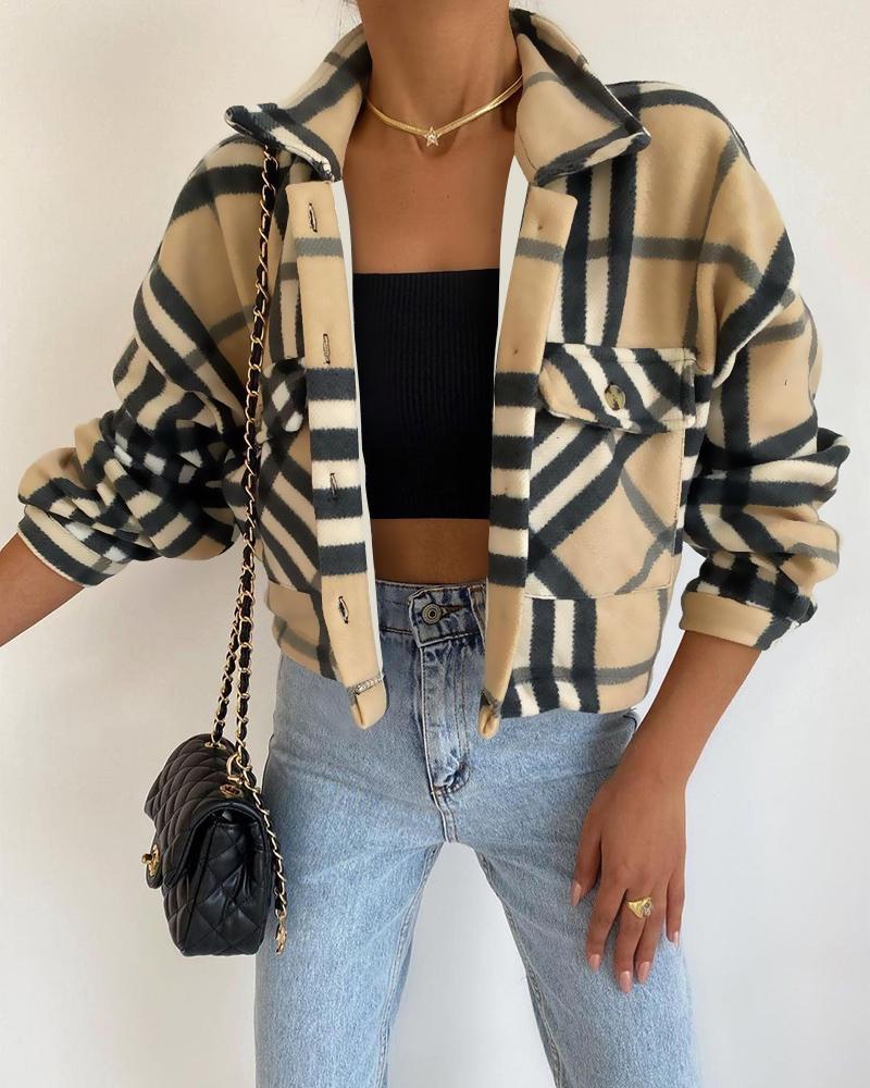 

Plaid Print Pocket Design Buttoned Shacket, Khaki