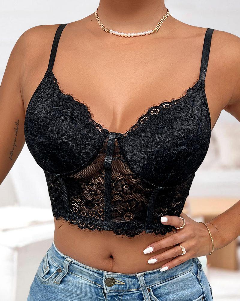 

Crochet Eyelash Lace Cami Corset Top, Black