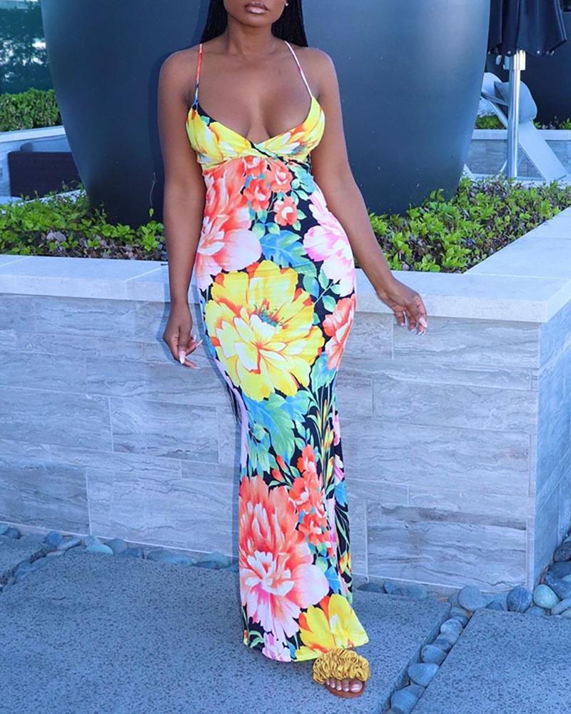 

Floral Print Spaghetti Strap V-Neck Maxi Dress, Yellow