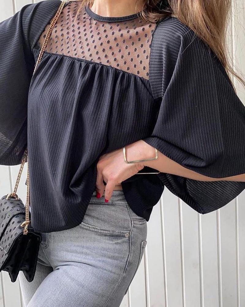 

Dot Mesh Half Sleeve Ruffles Casual Top, Black