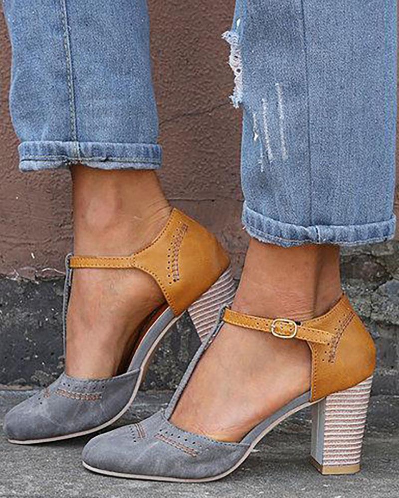 

Colorblock Ankle Buckled Chunky Heels, Gray