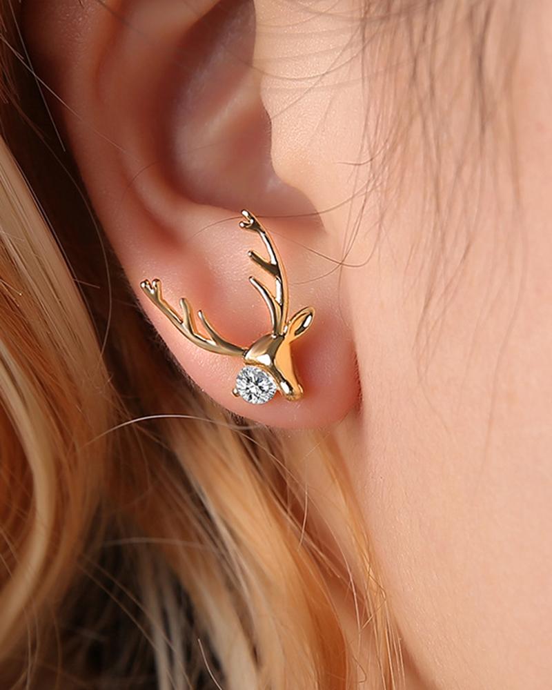 

1Pair Elk Shaped Rhinestone Earrings, Gold