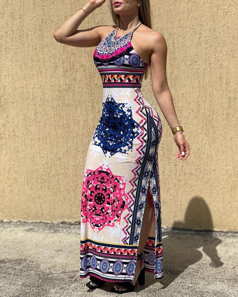 

Tribal Print Halter Backless Split Hem Maxi Dress, Multicolor