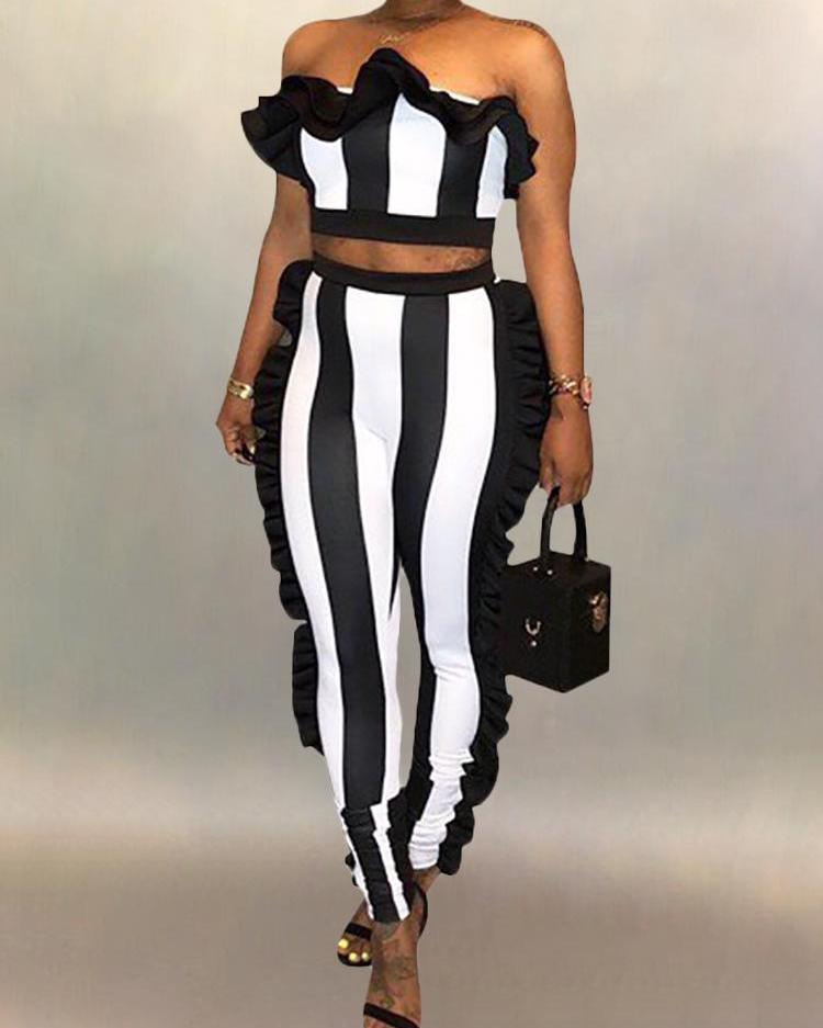 

Sexy Ruffle Trim Striped Crop Top and Pants Set, Black