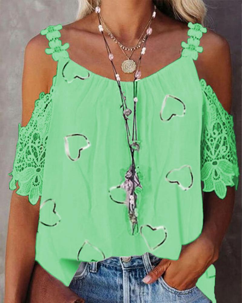 

Heart Print Contrast Lace Cold Shoulder Top, Green