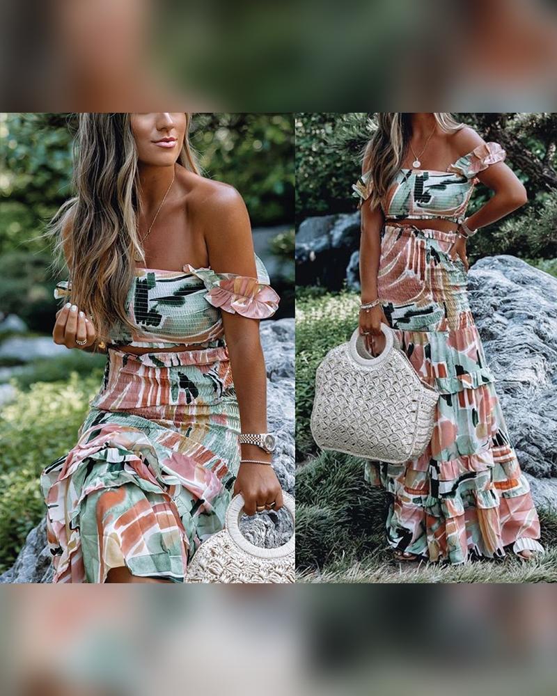 

All Over Print Ruffle Hem Sleeveless Cropped Top With Long Skirt Skirt Sets, Multicolor