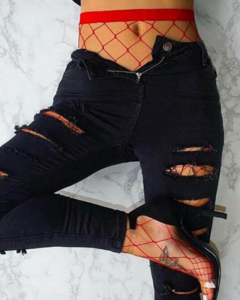

Plain High Waist Fishnet Stockings, Red