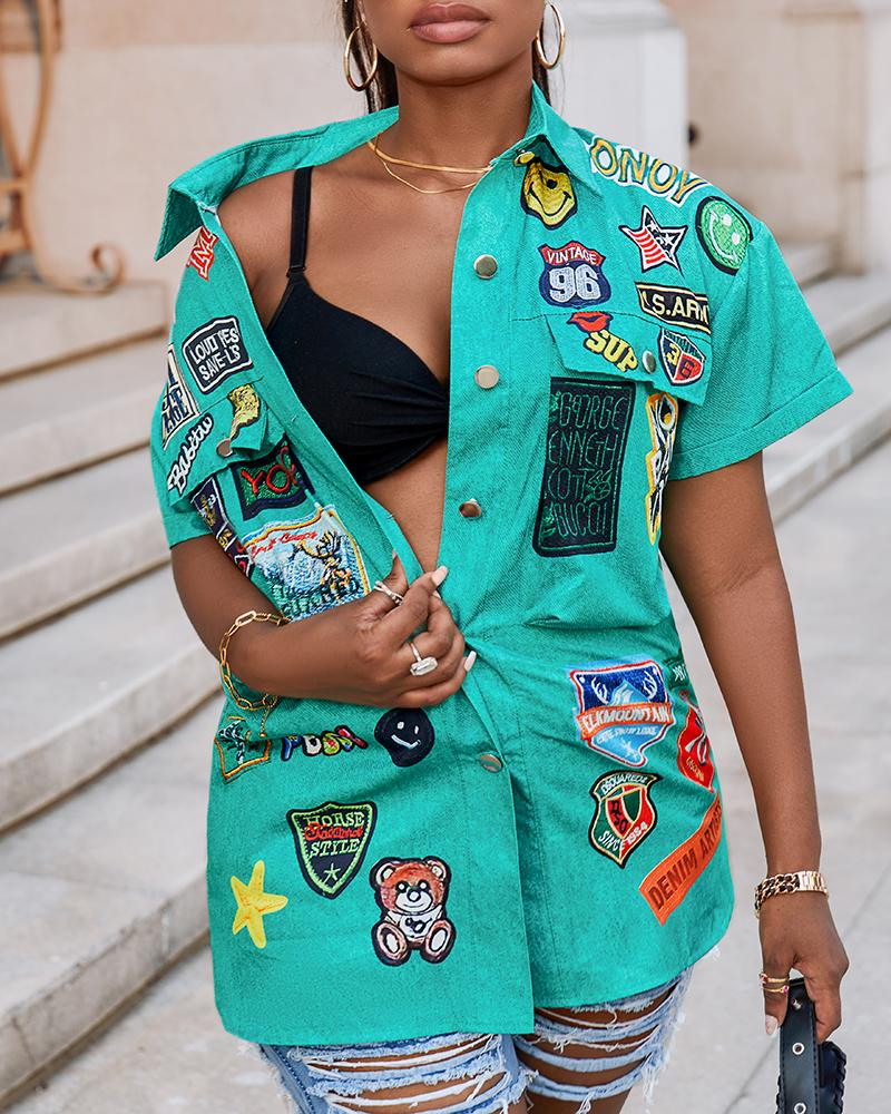 

Cartoon Graphic Letter Pattern Buttoned Shirt Dress, Green