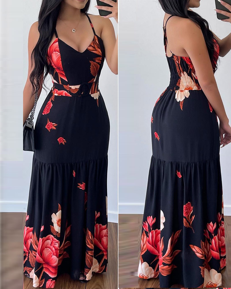 

Floral Print Criss Cross Shirred Back Maxi Dress, Black