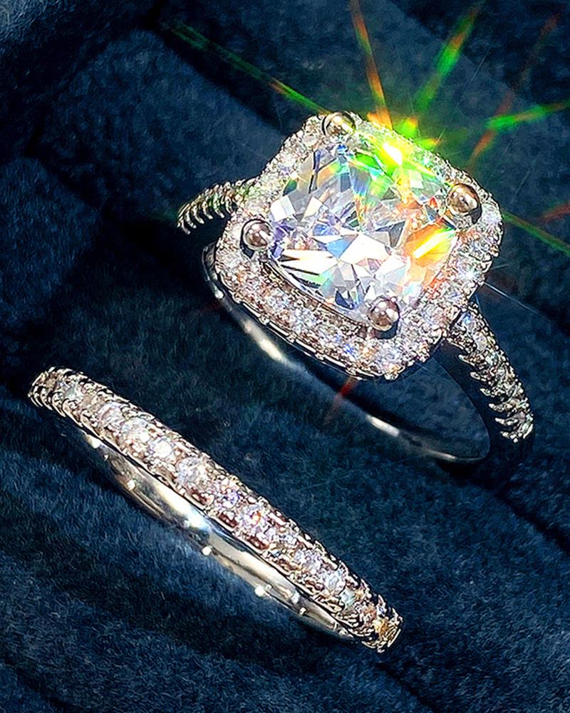 

2pcs Square Cut Rhinestone Decor Wedding Couple Rings Set, Silver