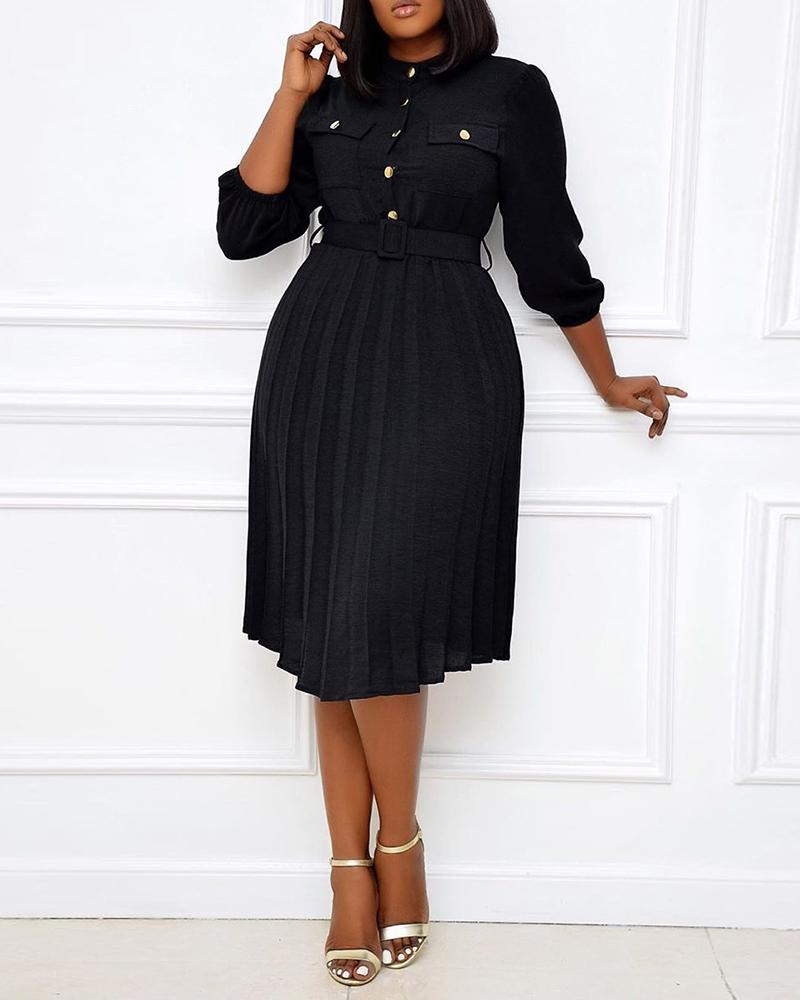 

Buttoned Pocket Design Pleated Dress, Black