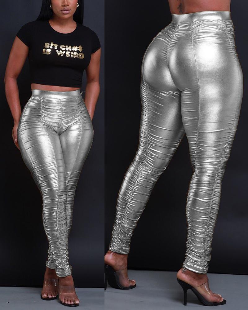 

High Waist Ruched Metallic Skinny Pants, Silver