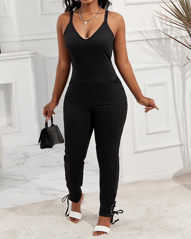 

U-Neck Sleeveless Pocket Design Jumpsuit, Black