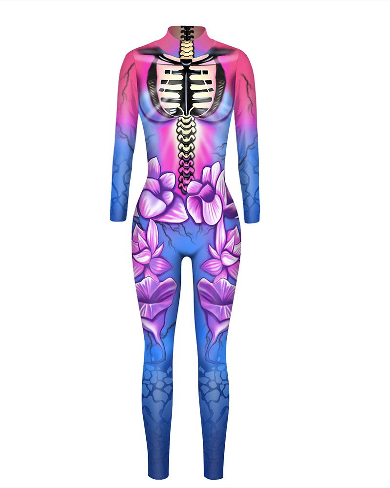 

Long Sleeve Skeleton Pattern Print Skinny Halloween Costume Jumpsuit, Style2