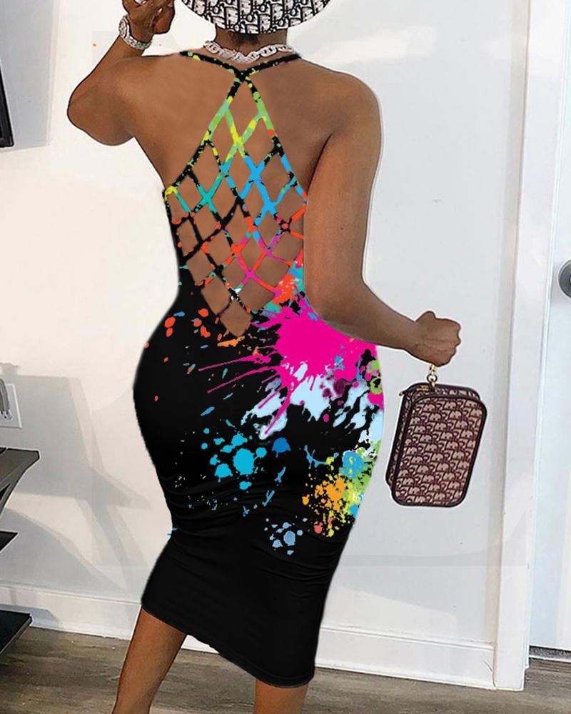 

Splash Print Halter Fishnet Slim Dress, Black