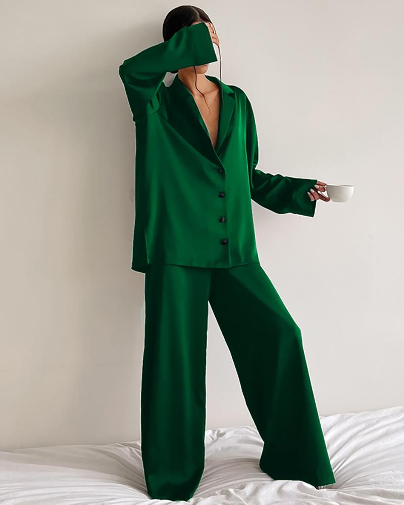 

Buttoned Long Sleeve Casual Pajamas Set, Green