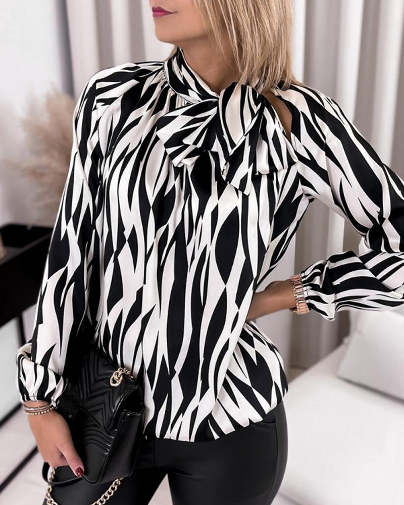 

Allover Print Tie Neck Long Sleeve Top, Style1