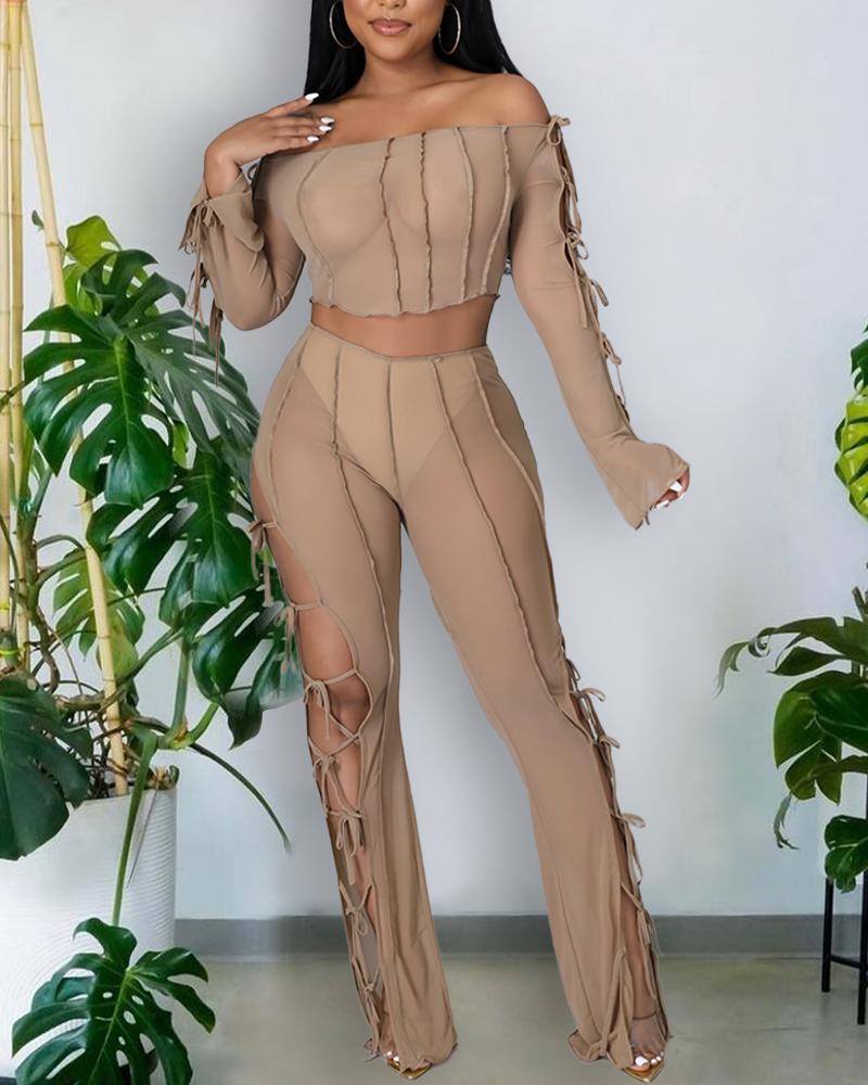 

Sheer Mesh Lace-Up Off Shoulder Crop Top & Pants Set, Khaki