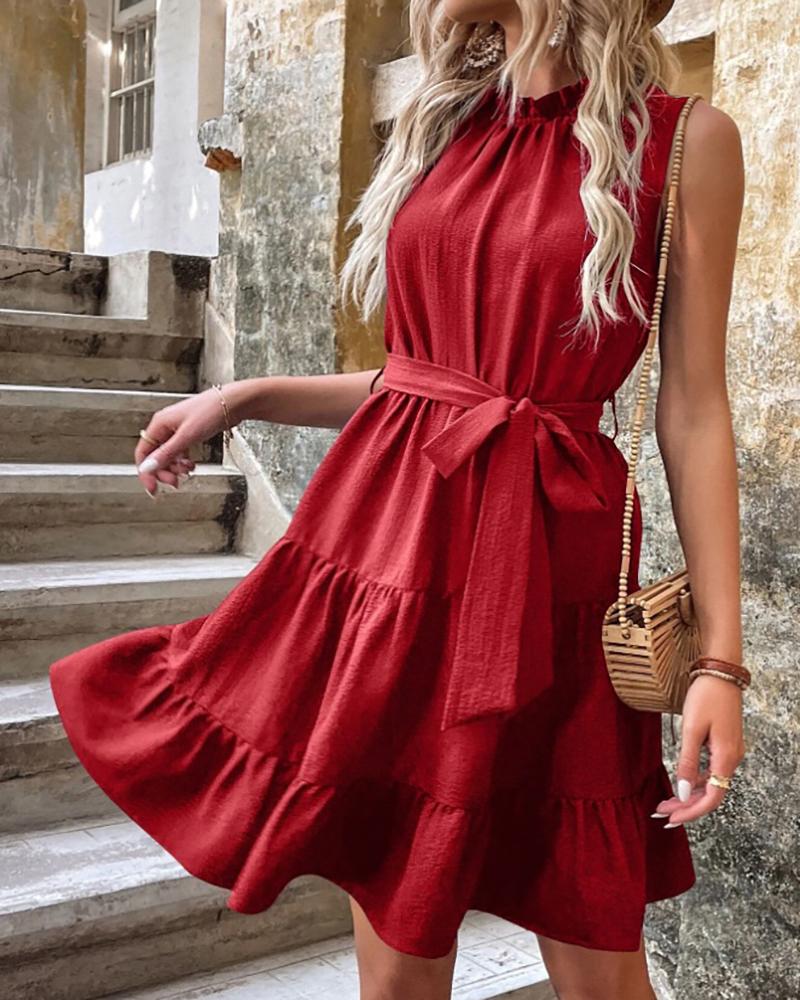 

Frill Hem Sleeveless Smock Swing Dress, Wine red