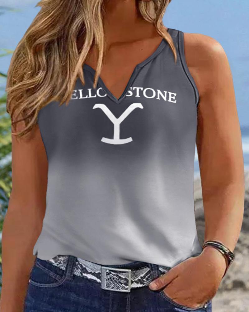 

Plus Size Yellowstone Graphic Print Ombre Notch Neck Tank Top, Gray