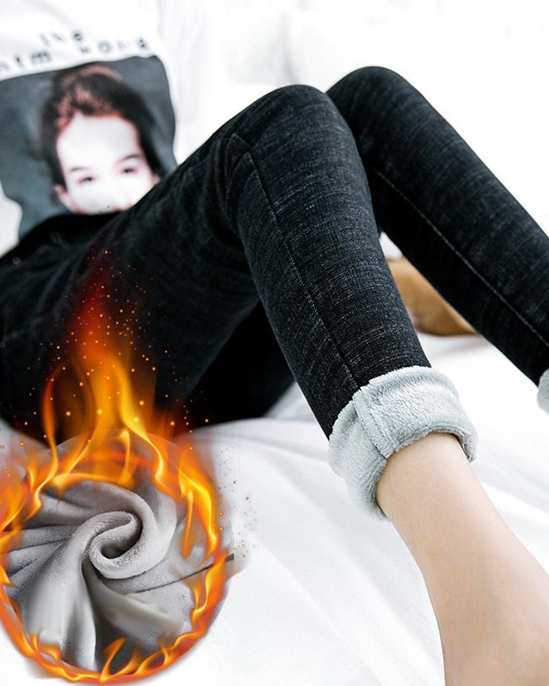 

High Waist Thermal Warm Fleece Lined Jeans, Black