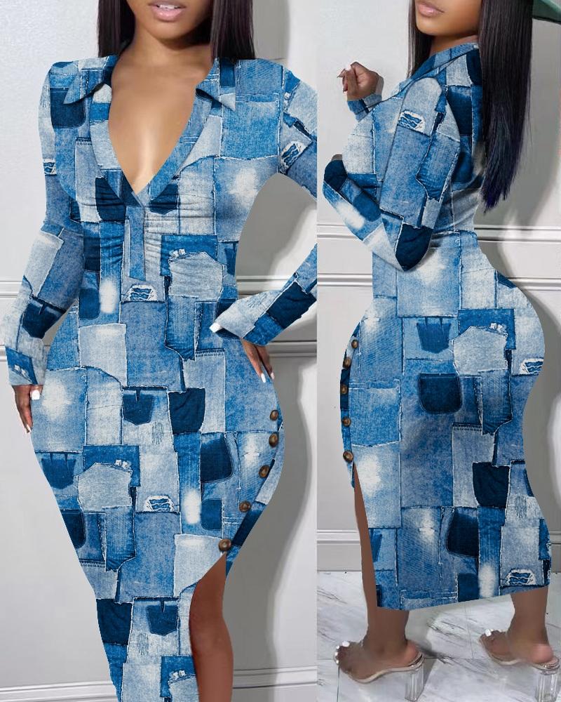 

Denim Look Print Split Hem Ruched Bodycon Dress, Blue