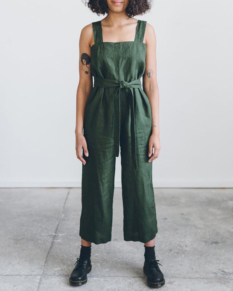 

Square Neck Thick Strap Plain Jumpsuit, Army green