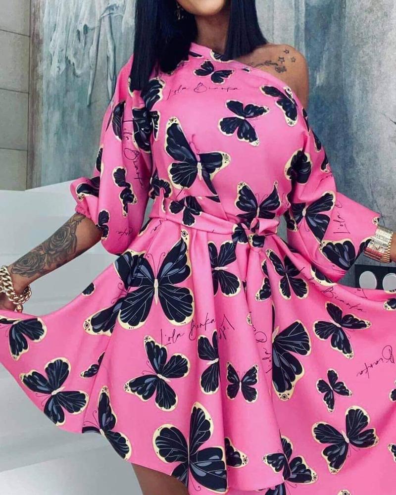 

Butterfly Letter Print One Shoulder Casual Dress, Hot pink