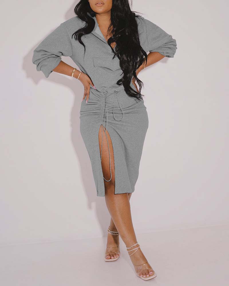 

Zipper Pocket Design Hooded Sweatshirt & Drawstring Skirt Set, Gray