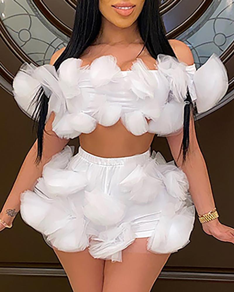 

Off Shoulder Shirring Design Mesh Top & Shorts Set, White
