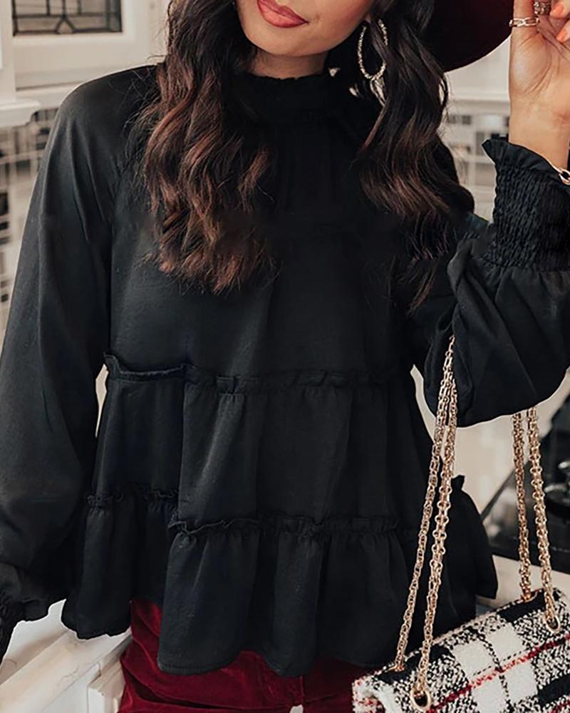 

Plain Long Sleeve Ruched Blouse, Black