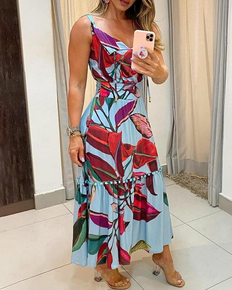 

Pom Pom Decor V-Neck Leaf Print Maxi Dress, Blue