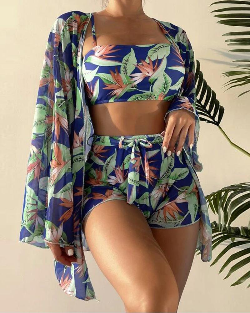

4PCS Tropical Print Bikini Set With Cover Up, Blue
