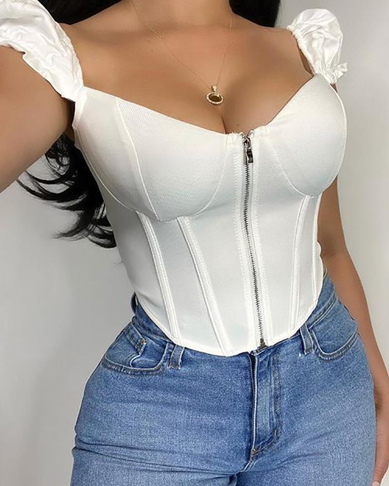 

Zipper Design Square Neck Skinny Top, White